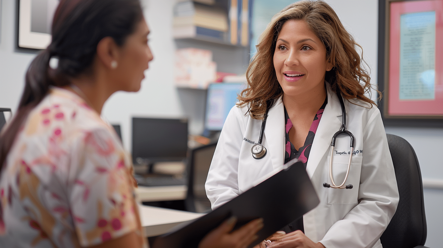 A doctor happily talking with her patient.