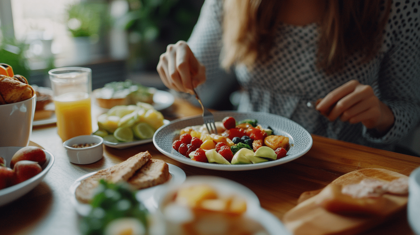 an image of a vegan female enjoying a meat-free breakfast, in the table, wide shot,