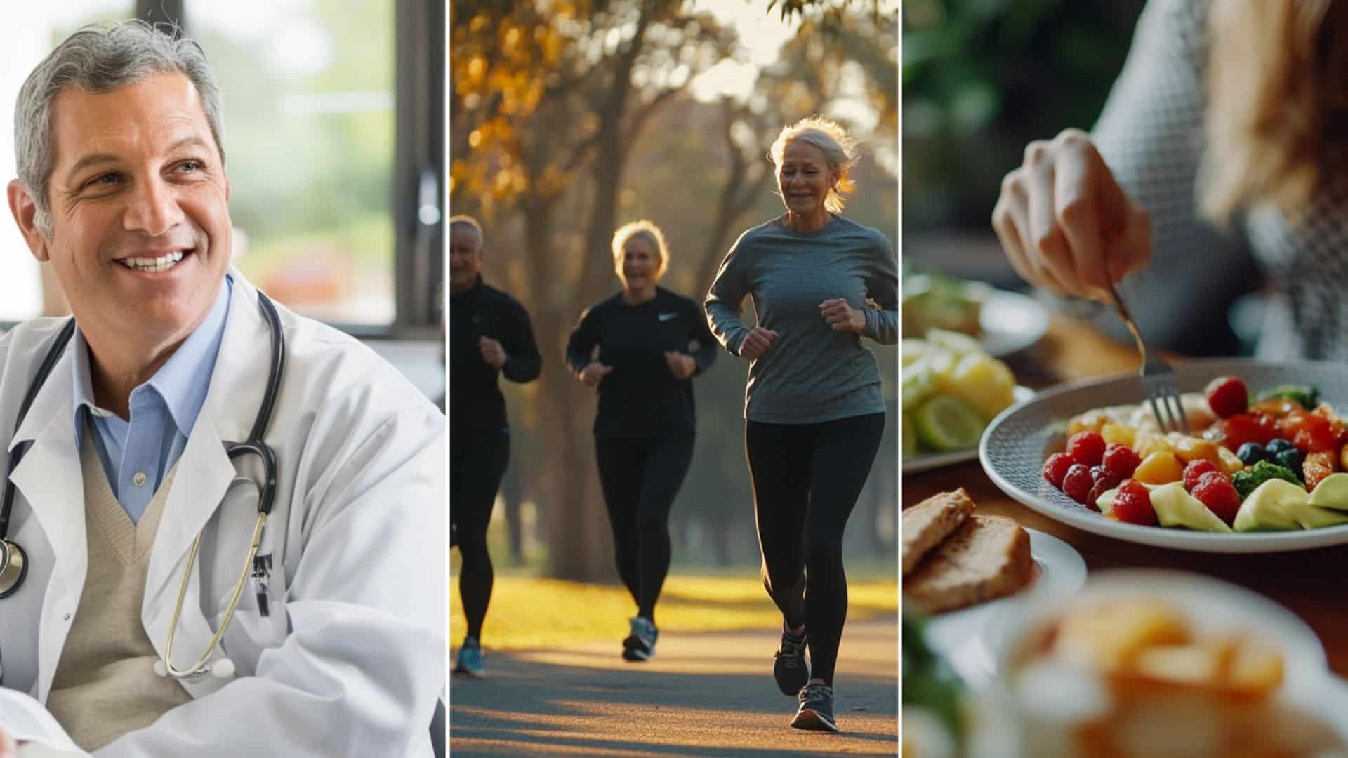 an image of group of 40-50 aged people running in an open park, wide shot, whole body, group of people running in the park. wearing sportswear. brisk walk. an image of a vegan female enjoying a meat-free breakfast, in the table, wide shot, The doctors are busy in the clinic, providing weight loss consultation and services for residents.