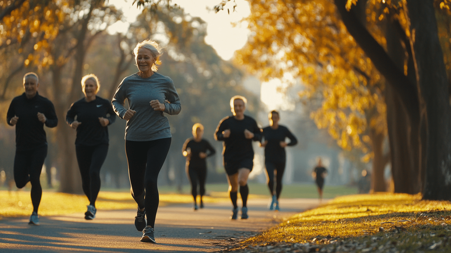 an image of group of 40-50 aged people running in an open park, wide shot, whole body, group of people running in the park. wearing sportswear. brisk walk.