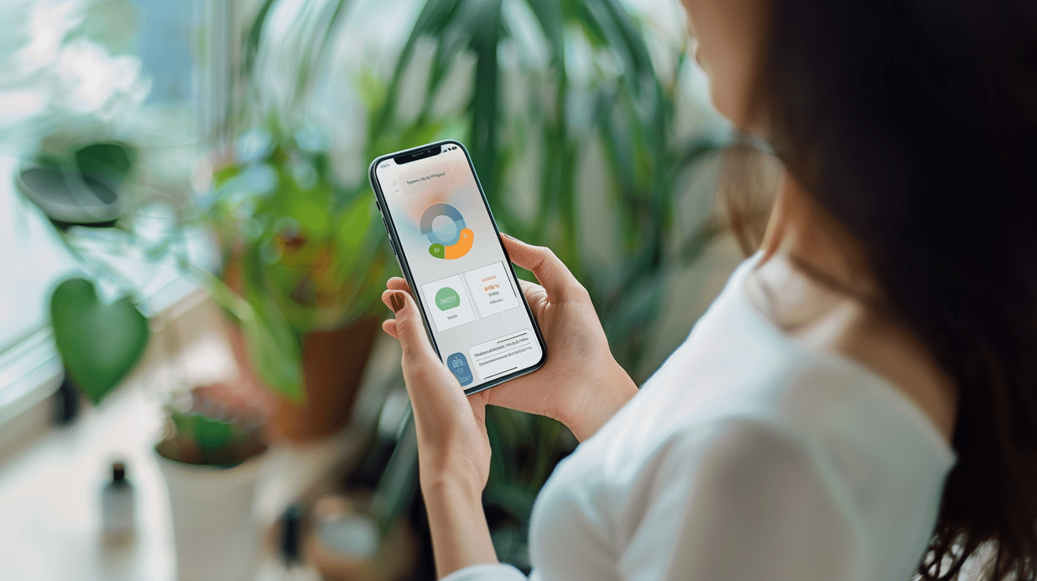 A woman holding a phone, scrolling on a weight loss app.