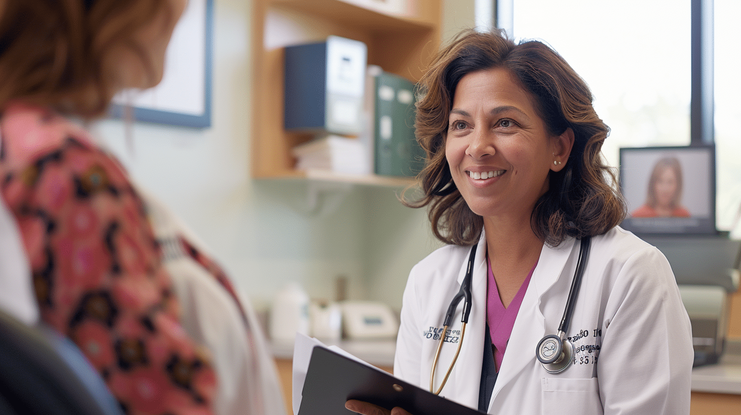 A doctor happily talking with her patient.