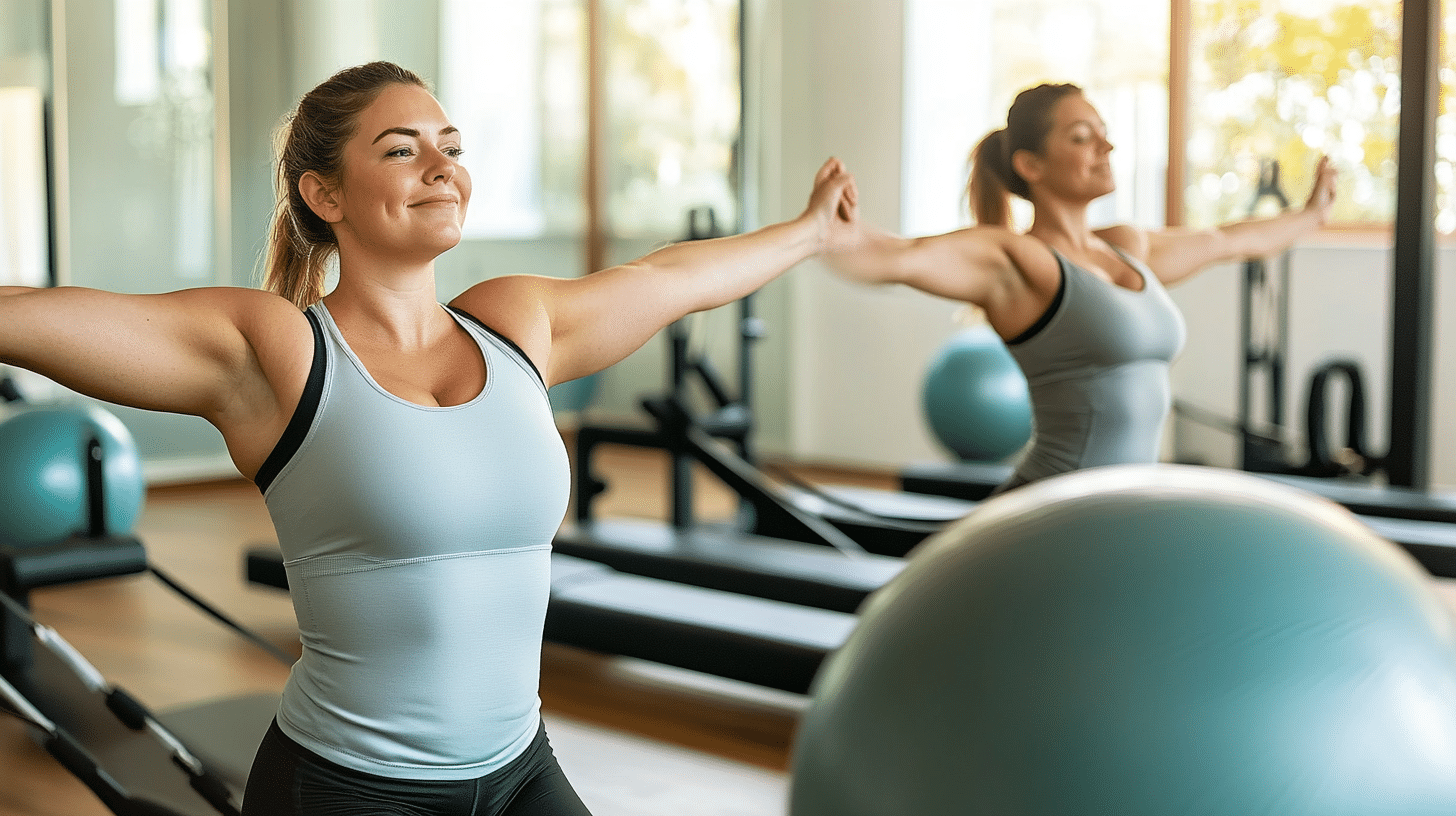 image of a slight overweight woman doing a pilates.