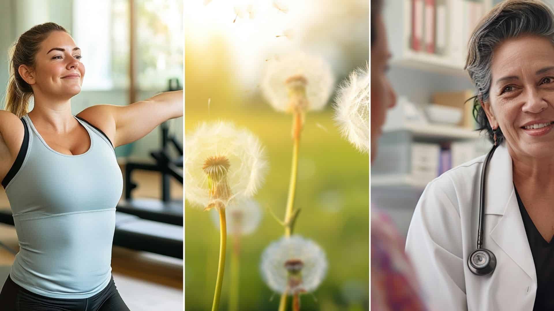 image of a slight overweight woman doing a pilates close-up of dandelion weeds in a field with pollen in the air. a doctor talks to a middle age hispanic woman in a medical office. In her hands is a folder. She is explaining a procedure.