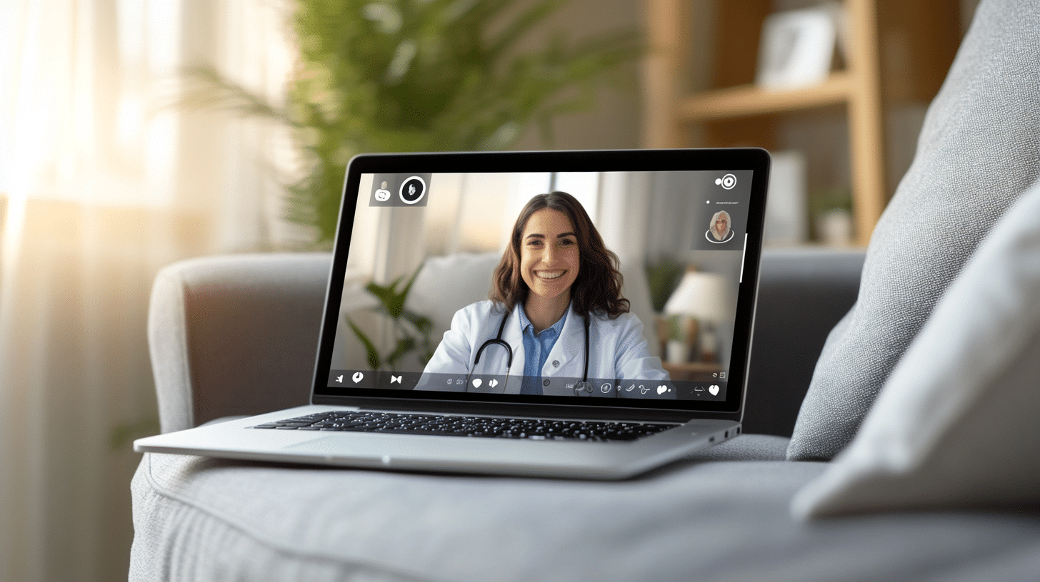 A client comfortably engaging in a video call from their home. Display a laptop or tablet screen showing a virtual consultation with a healthcare professional.