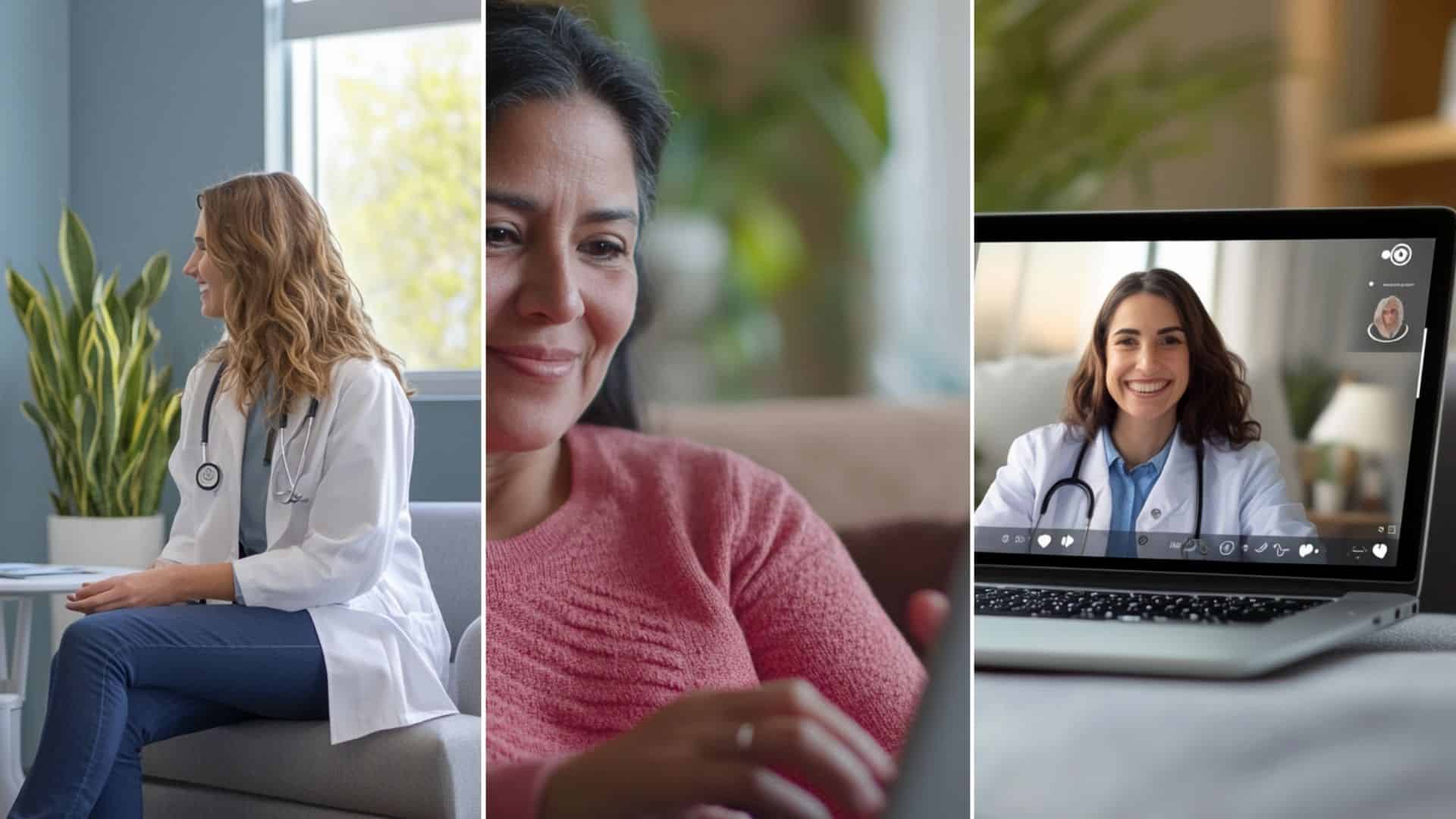 a Hispanic female aged 40 effortlessly scheduling an appointment on a laptop or phone, possibly with a relaxed and satisfied expression. A client comfortably engaging in a video call from their home. Display a laptop or tablet screen showing a virtual consultation with a healthcare professional. A welcoming and professional clinic setting. Show a friendly consultant interacting with a client in a comfortable, well-designed consultation room.