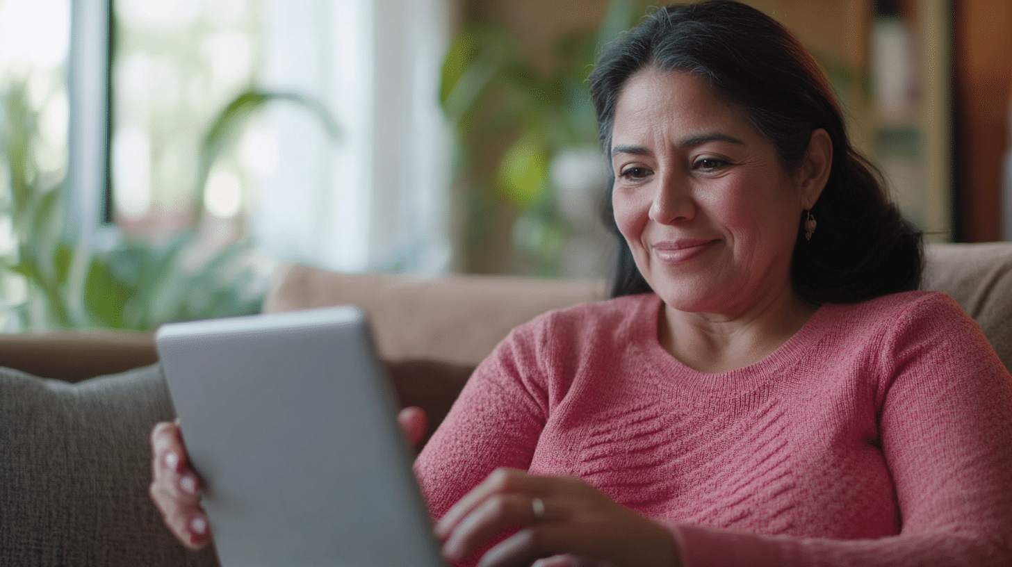 a Hispanic female aged 40 effortlessly scheduling an appointment on a laptop or phone, possibly with a relaxed and satisfied expression.