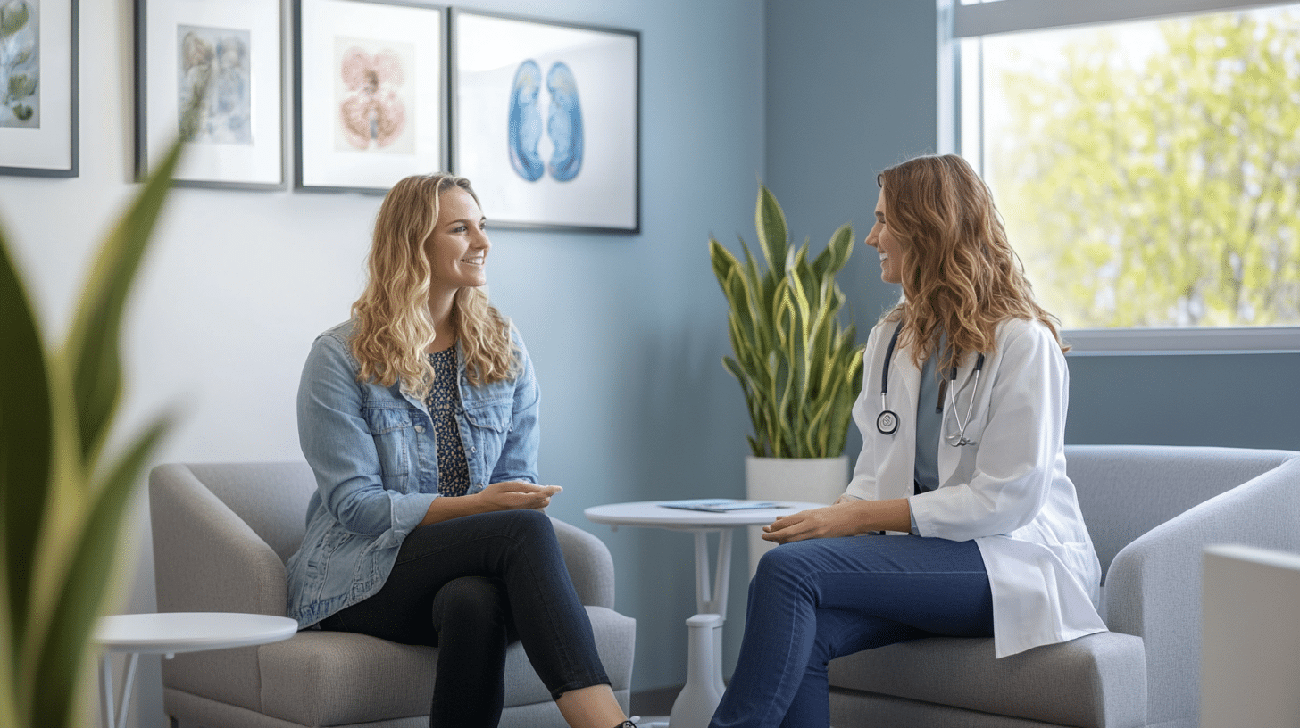 A welcoming and professional clinic setting. Show a friendly consultant interacting with a client in a comfortable, well-designed consultation room.