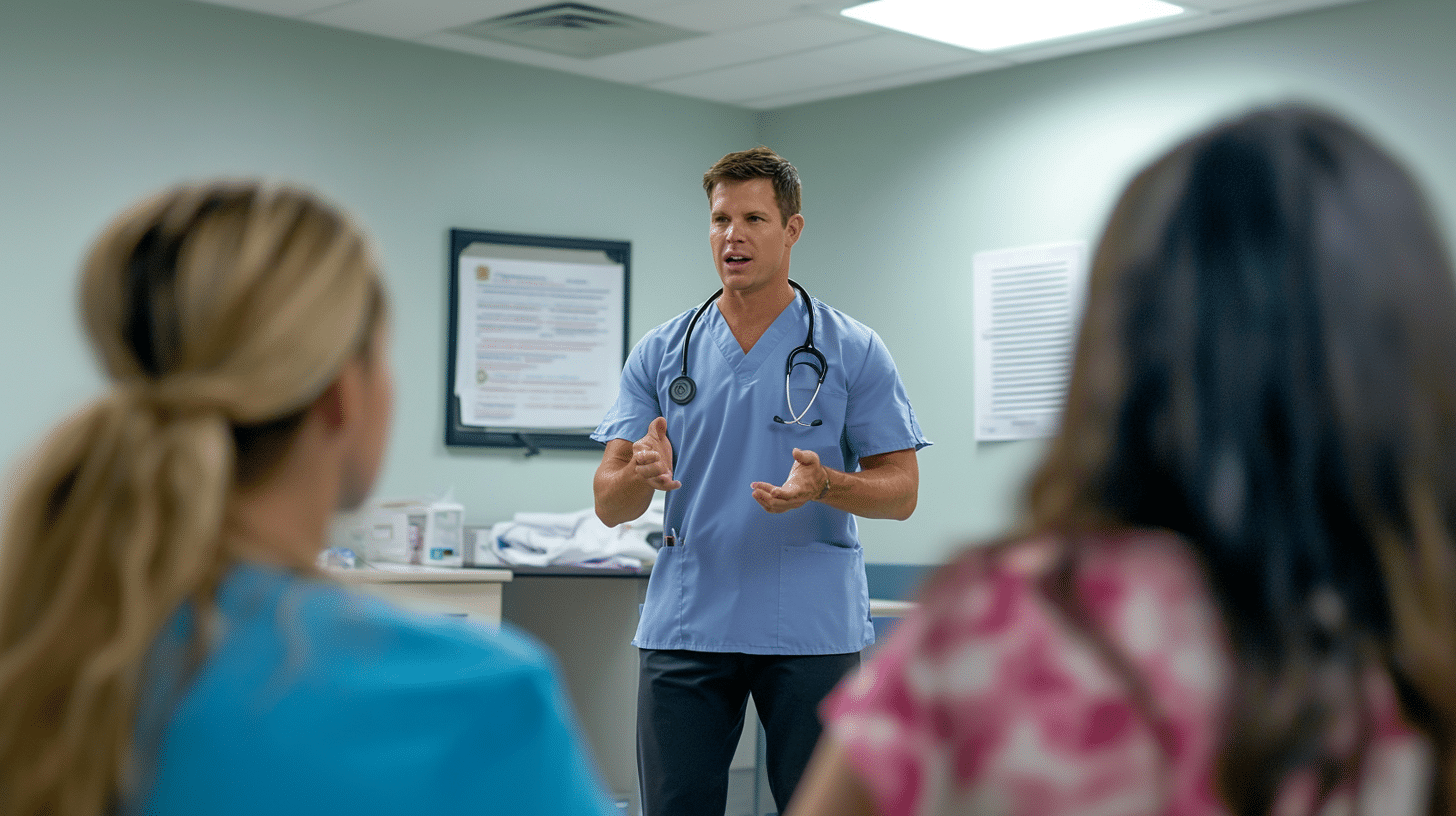 A medical professional doing a group consultations.