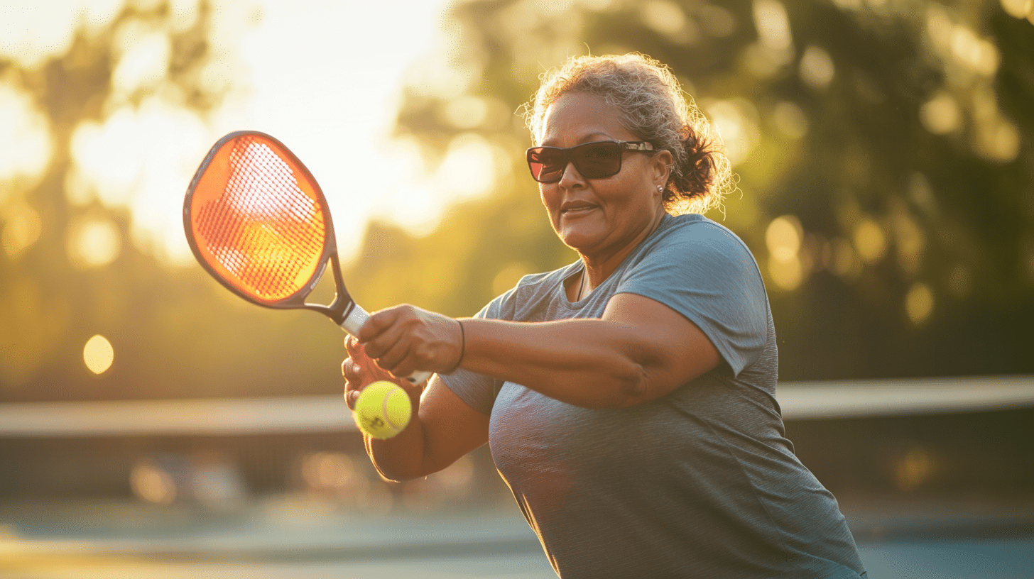 A slightly overweight woman playing a pickleball.