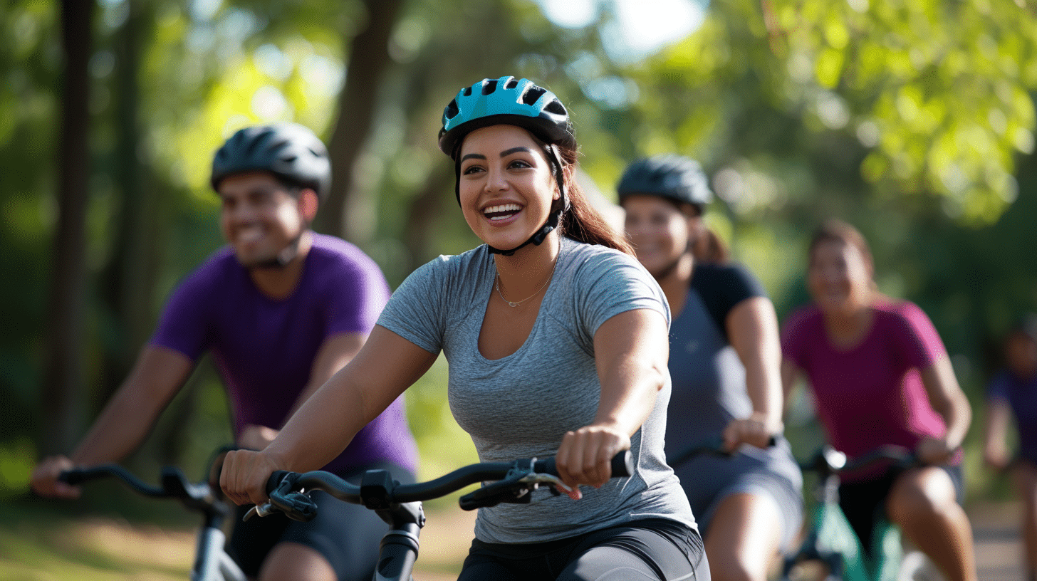 A group of co-workers biking on the park.