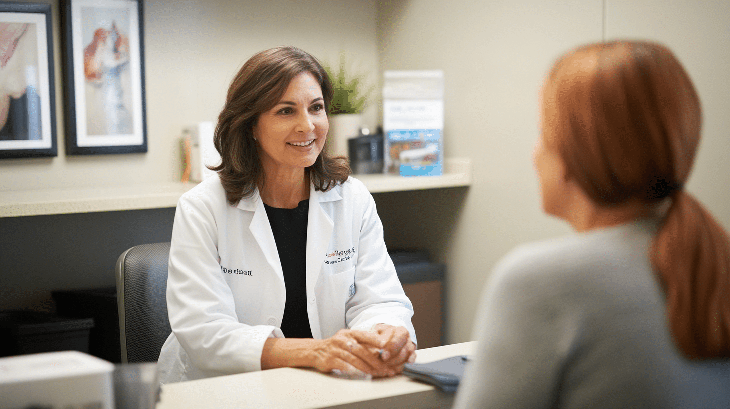 A weight loss doctor happily talking with her patient.