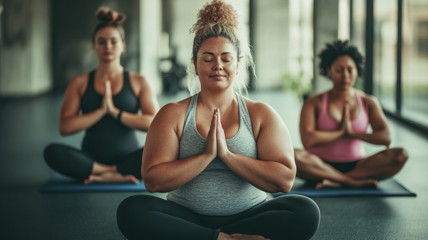 A group of slightly overweight woman having a yoga session.