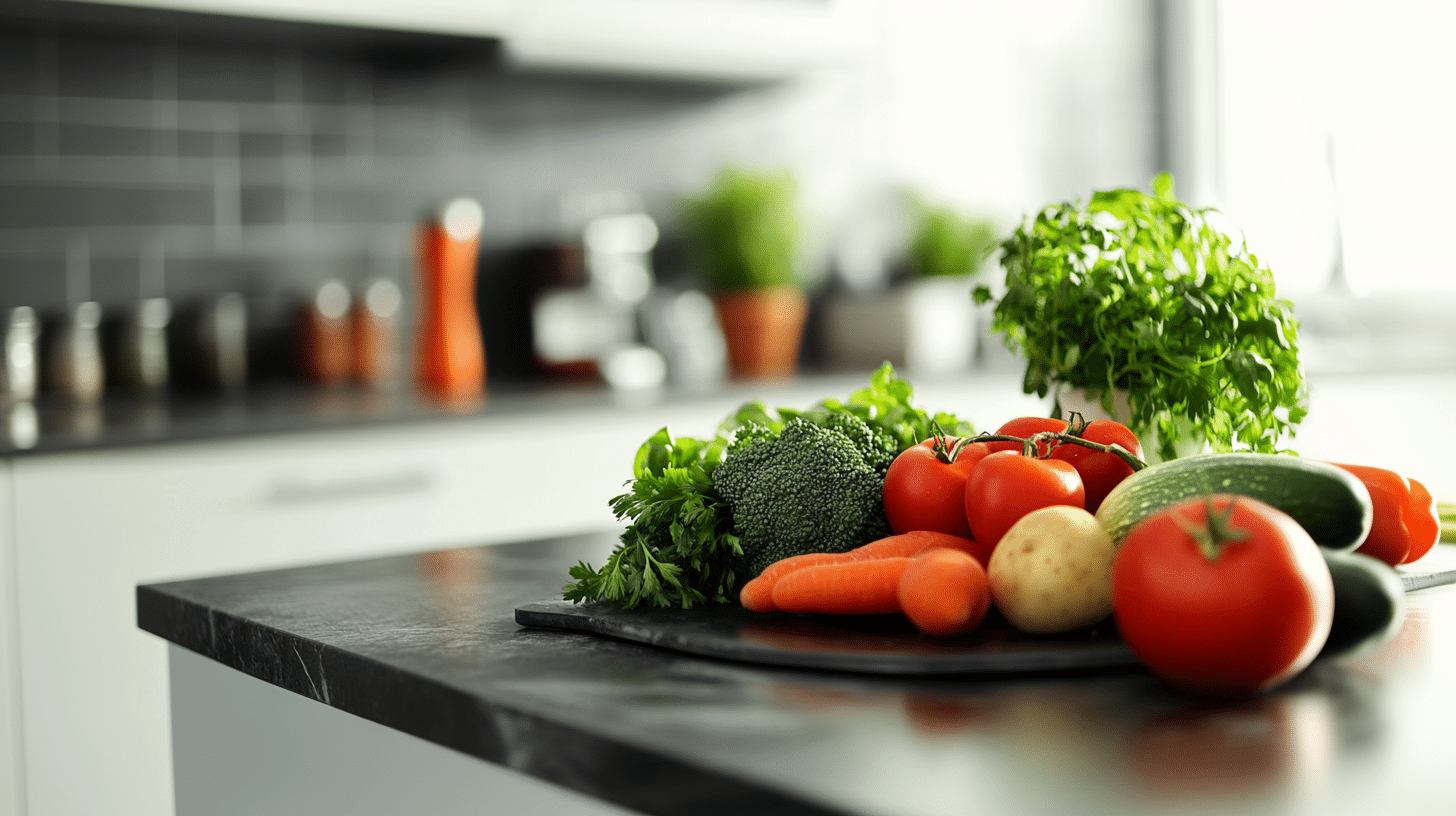 A modern kitchen top with vegetables on it.