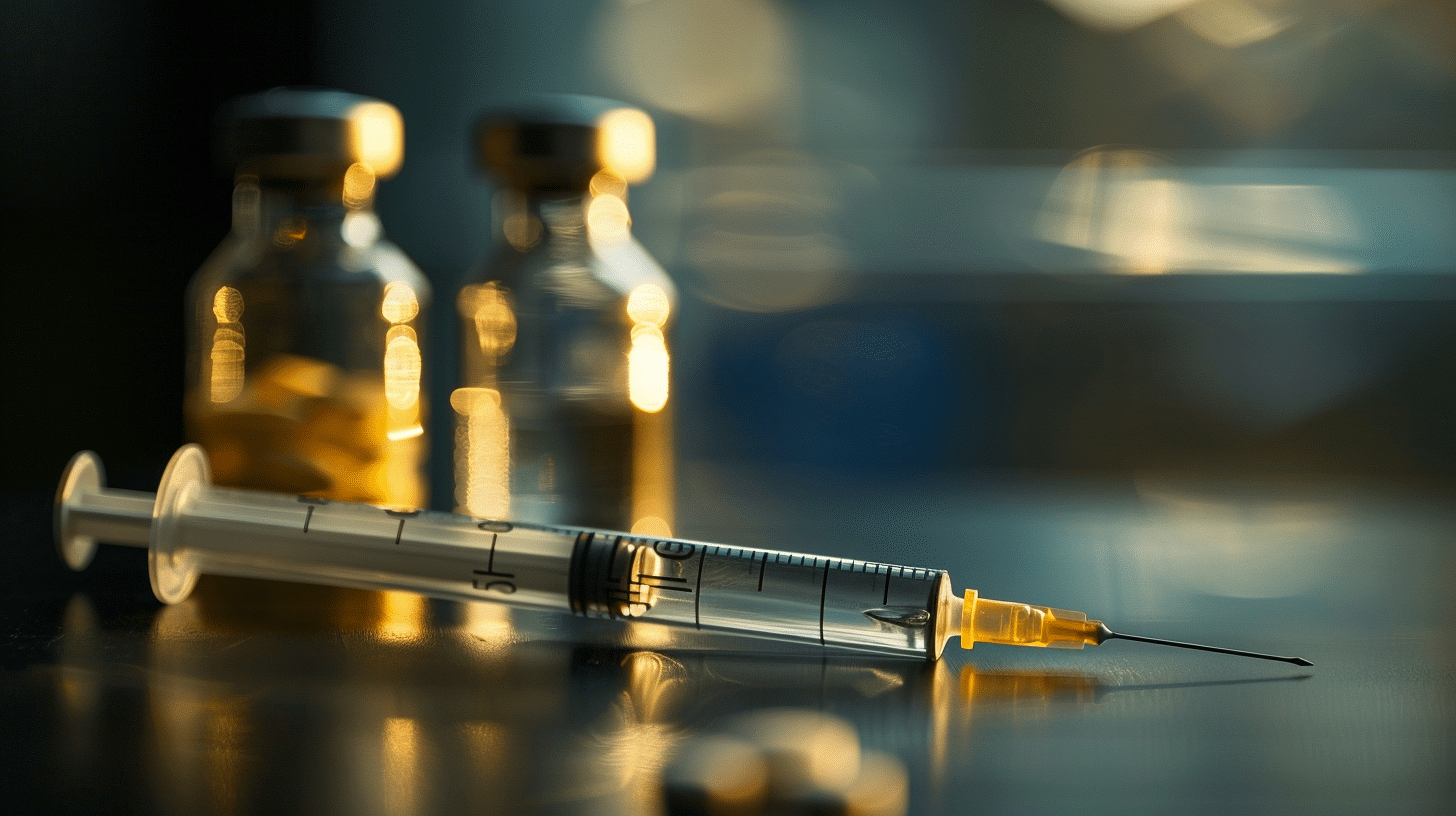 A close up image of a medical syringe placed on a table with two glass vials in the background. One vial contains clear liquid while the other contains pills.