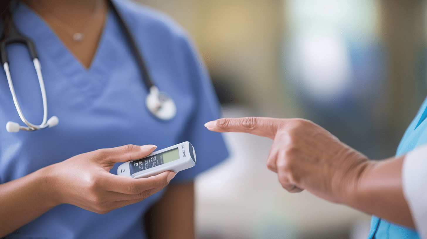 an image of a Hispanic female nurse left hand holding a glucose meter, while the index finger of the right hand of a patient points to a spot adjacent to the glucometer. Ensure attention to detail in the positioning of the hands, with the glucose meter prominently displayed and the index finger pointing clearly,