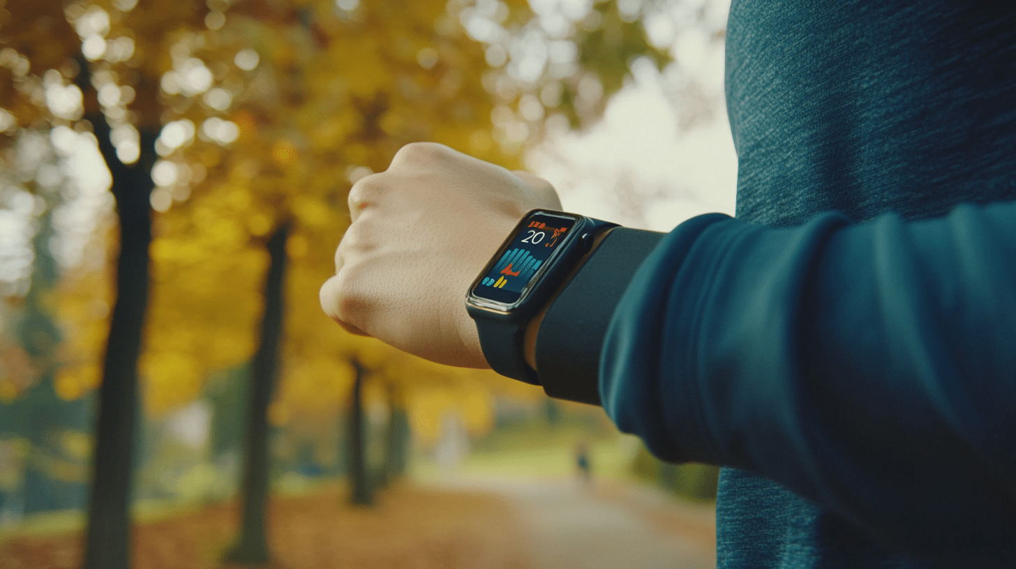 A wearable fitness tracker worn by the jogger.