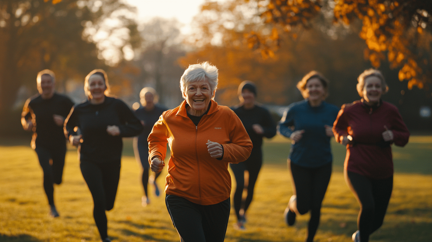 A group of elderly jogging on the park.