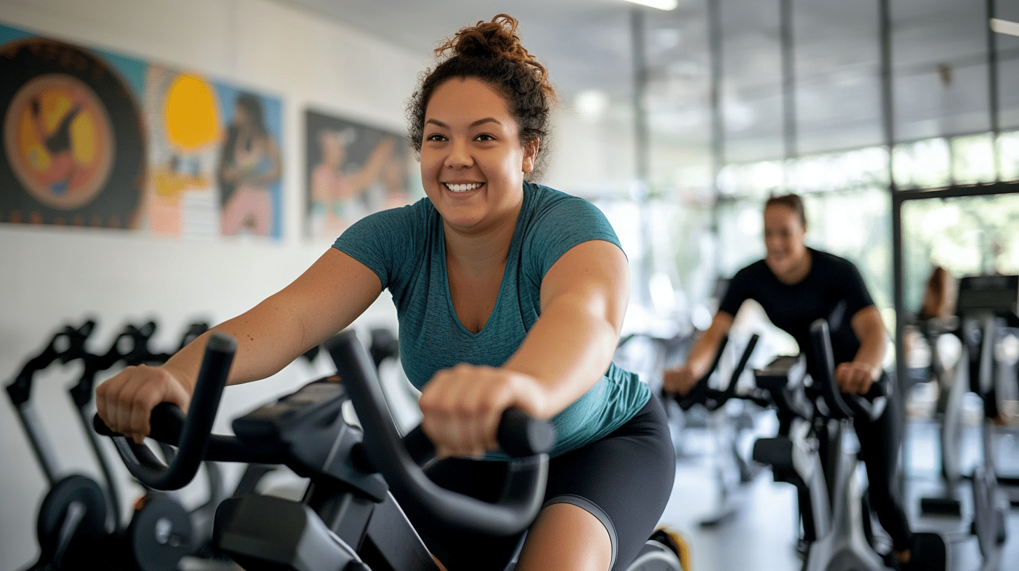 A slightly overweight woman doing an exercise.