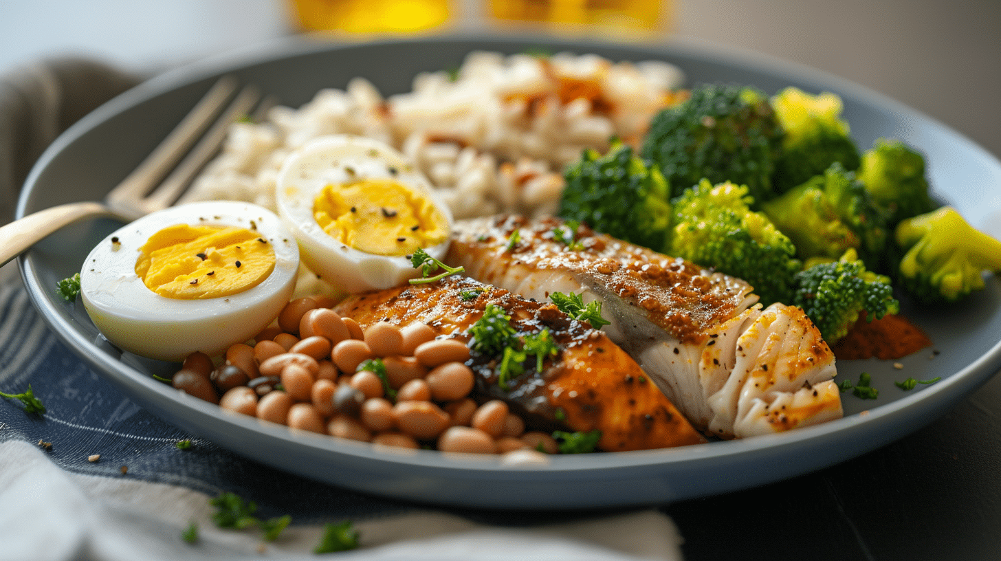 A healthy meal consists of beans, fish, and eggs on a plate.