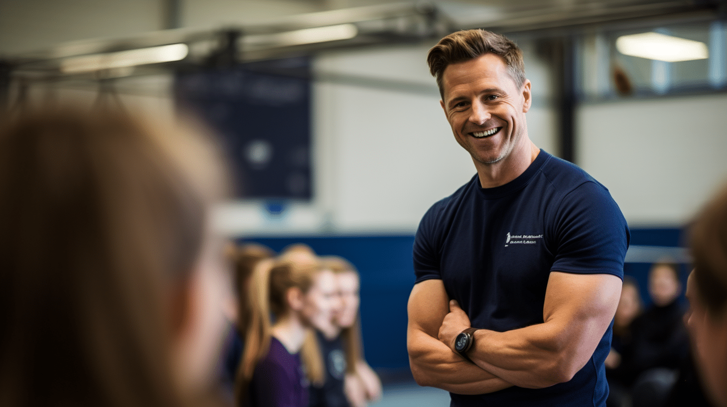 A fitness coach guides students through exercises in the gym.