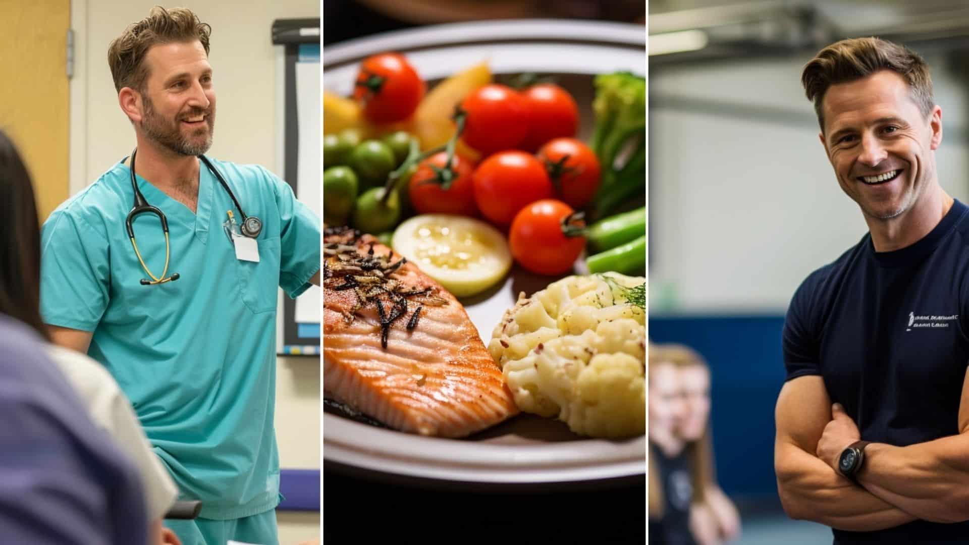 A fitness coach guides students through exercises in the gym. A nursing male instructor teaches a group of enthusiastic nurses about diet meal plan techniques in a hospital room, informative lecture, on a platform, educational setting, pointing to a flip chart positioned in the background, he is not wearing stethoscope. an image showing healthy meal plans symbolizing the importance of a regular diet for weight maintenance.