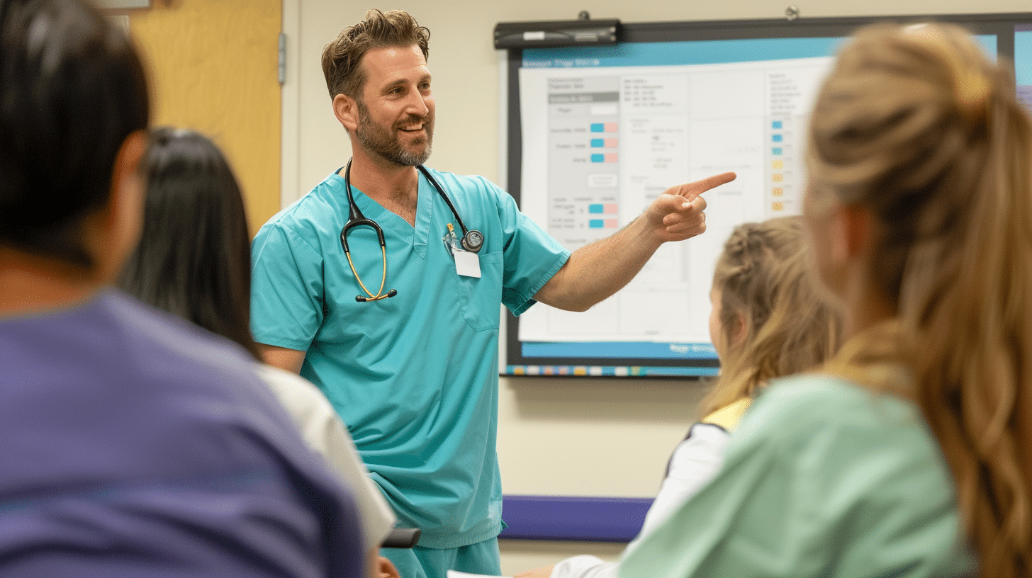 A nursing male instructor teaches a group of enthusiastic nurses about diet meal plan techniques in a hospital room, informative lecture, on a platform, educational setting, pointing to a flip chart positioned in the background, he is not wearing stethoscope.