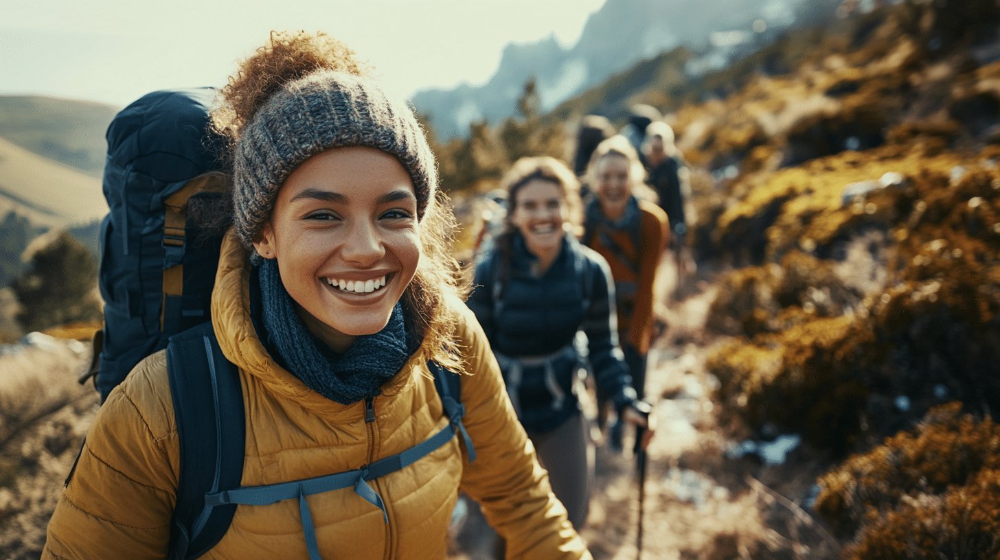 A group of friends having fun while hiking.