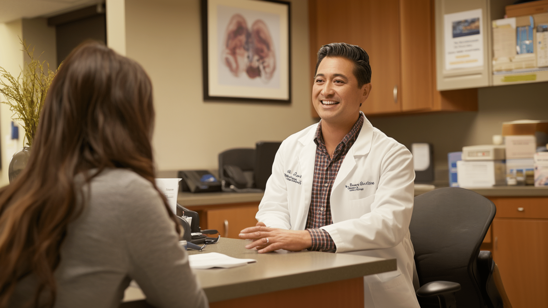 A weight loss doctor having a conversation with his patient.