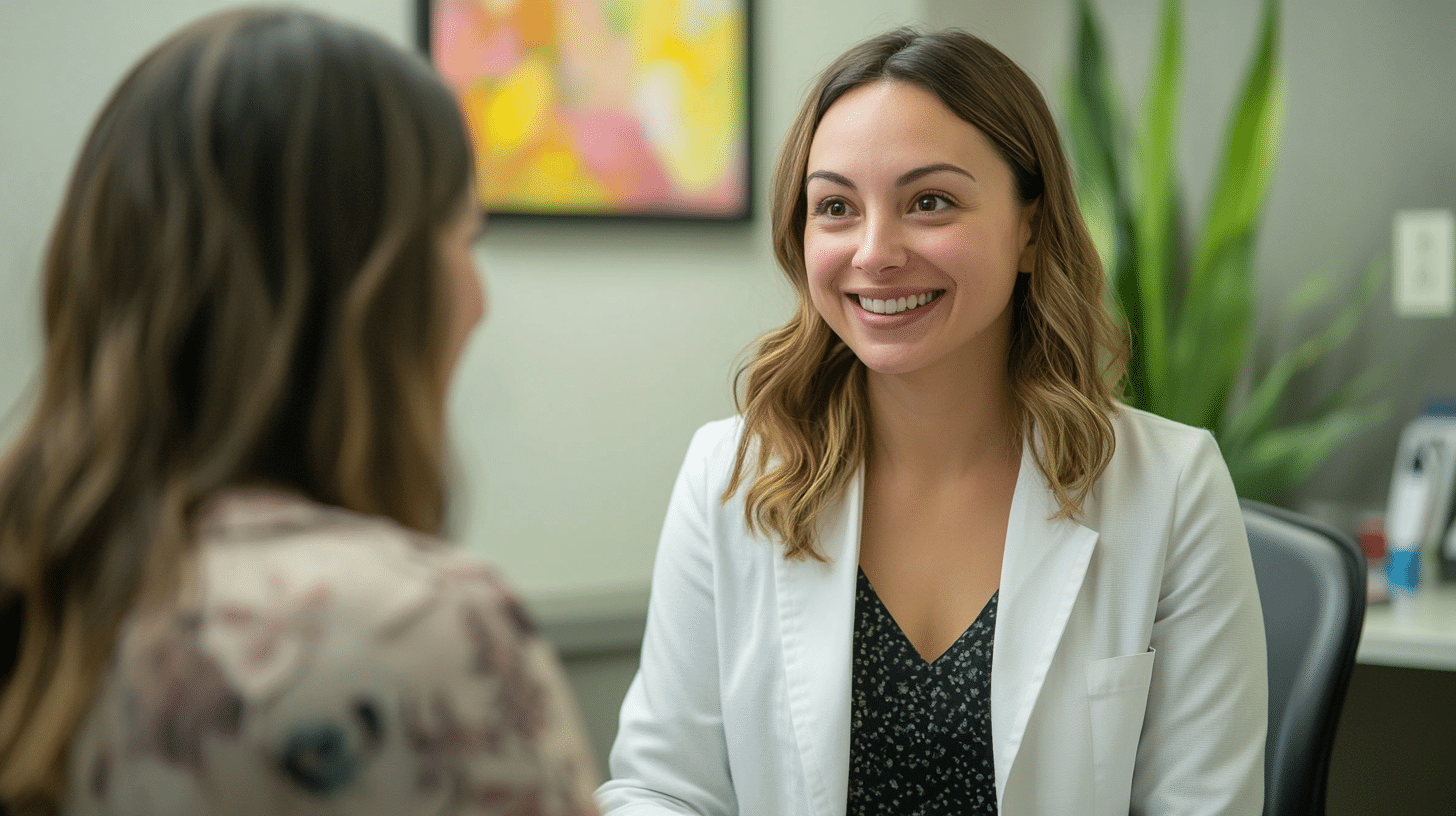 A medical professional having a welcoming smile talking with her patient.