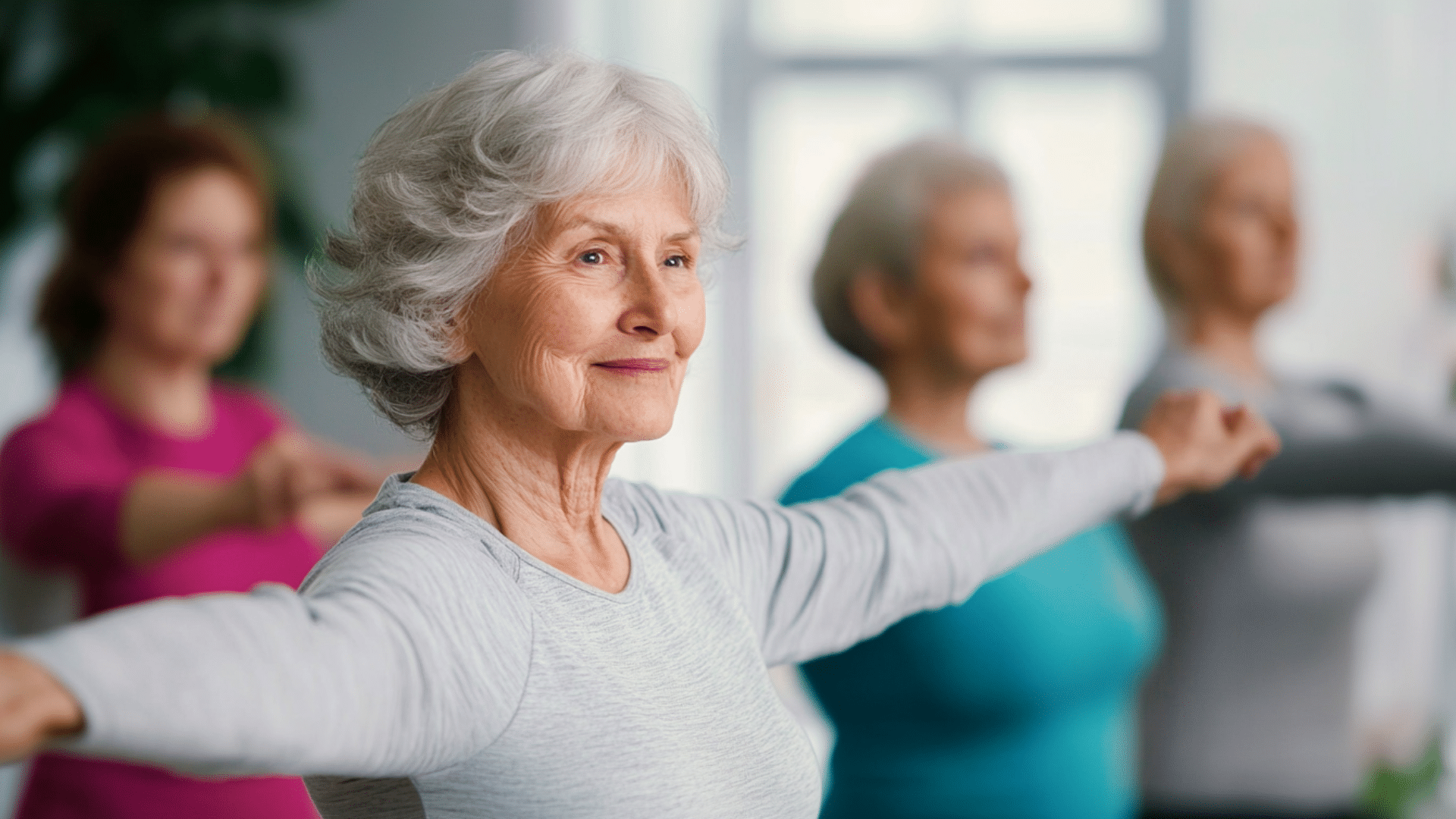 An elderly woman doing an exercise.