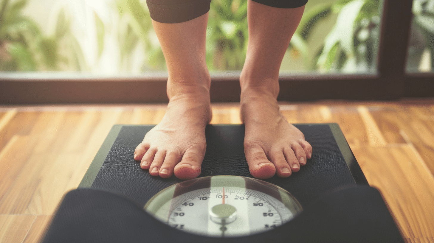 A woman standing on a weighing scale.