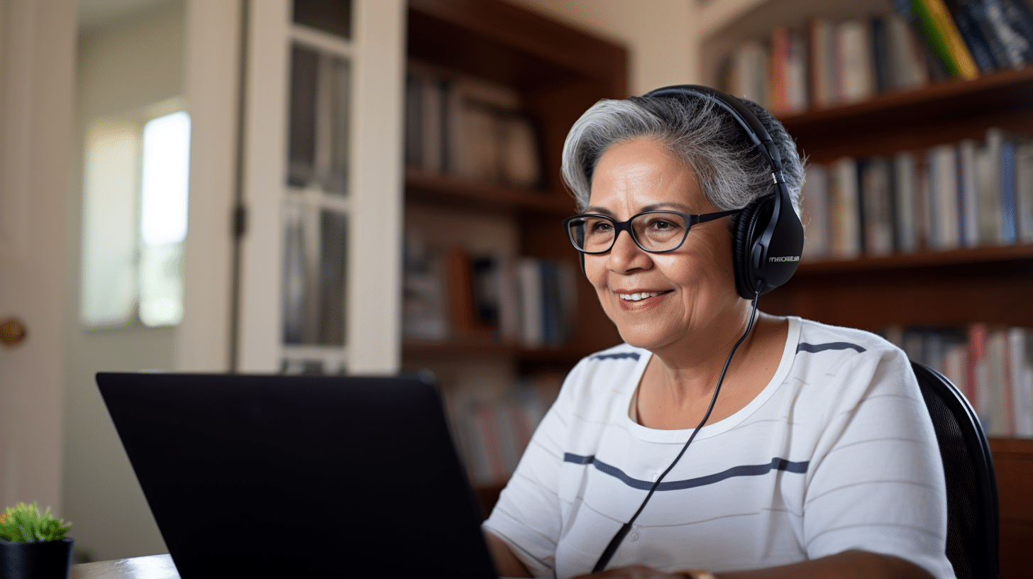 A Hispanic woman having a telehealth consultation.