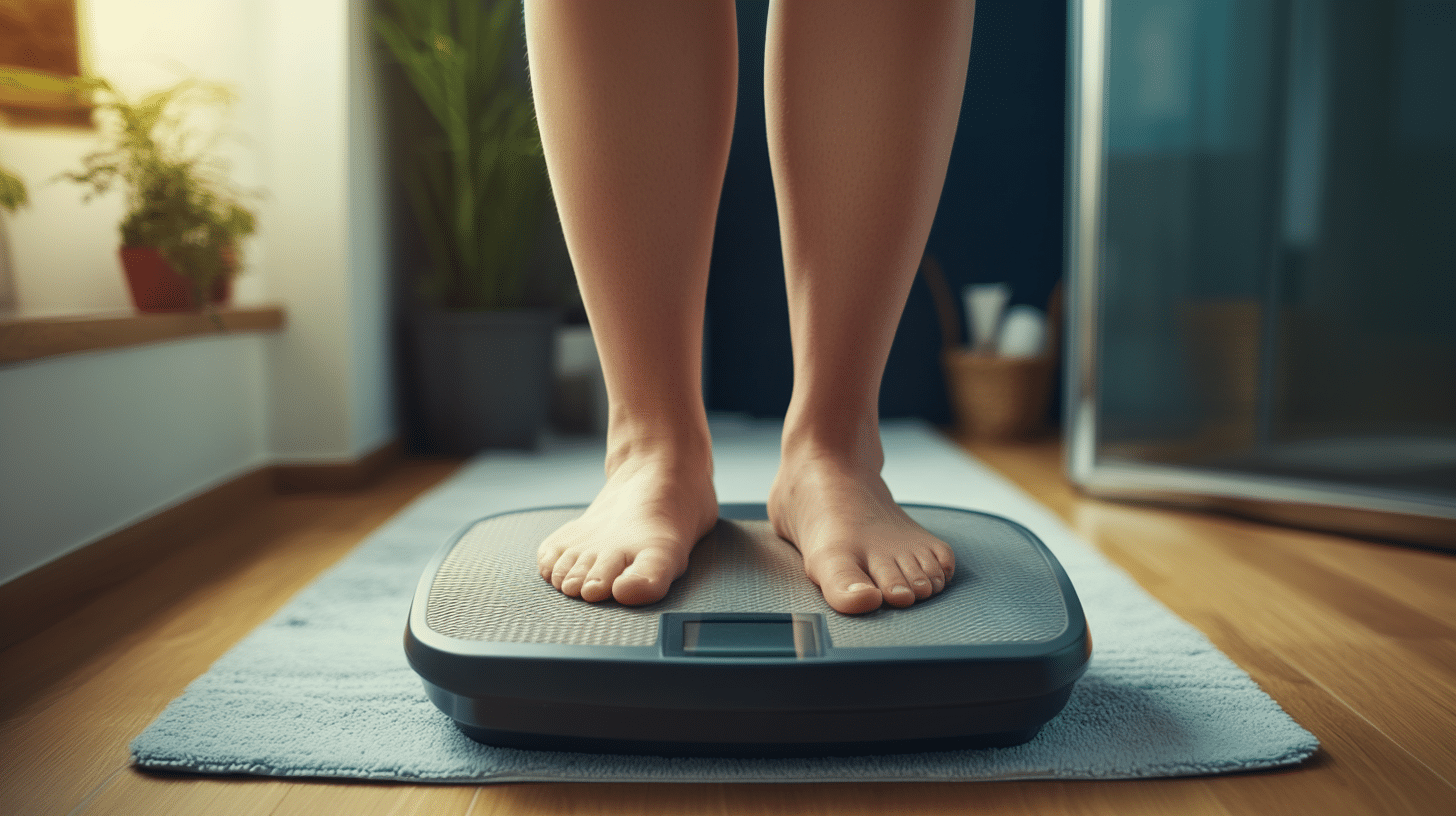 A woman standing flat footed on a weighing scale.