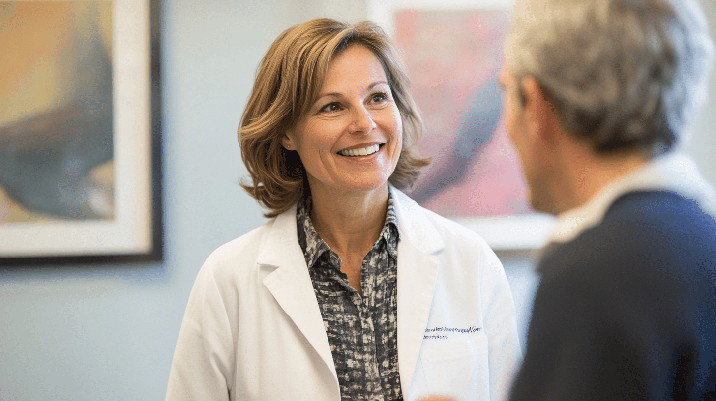 A weight loss doctor happily talking about the treatments of a weight loss with the patient.