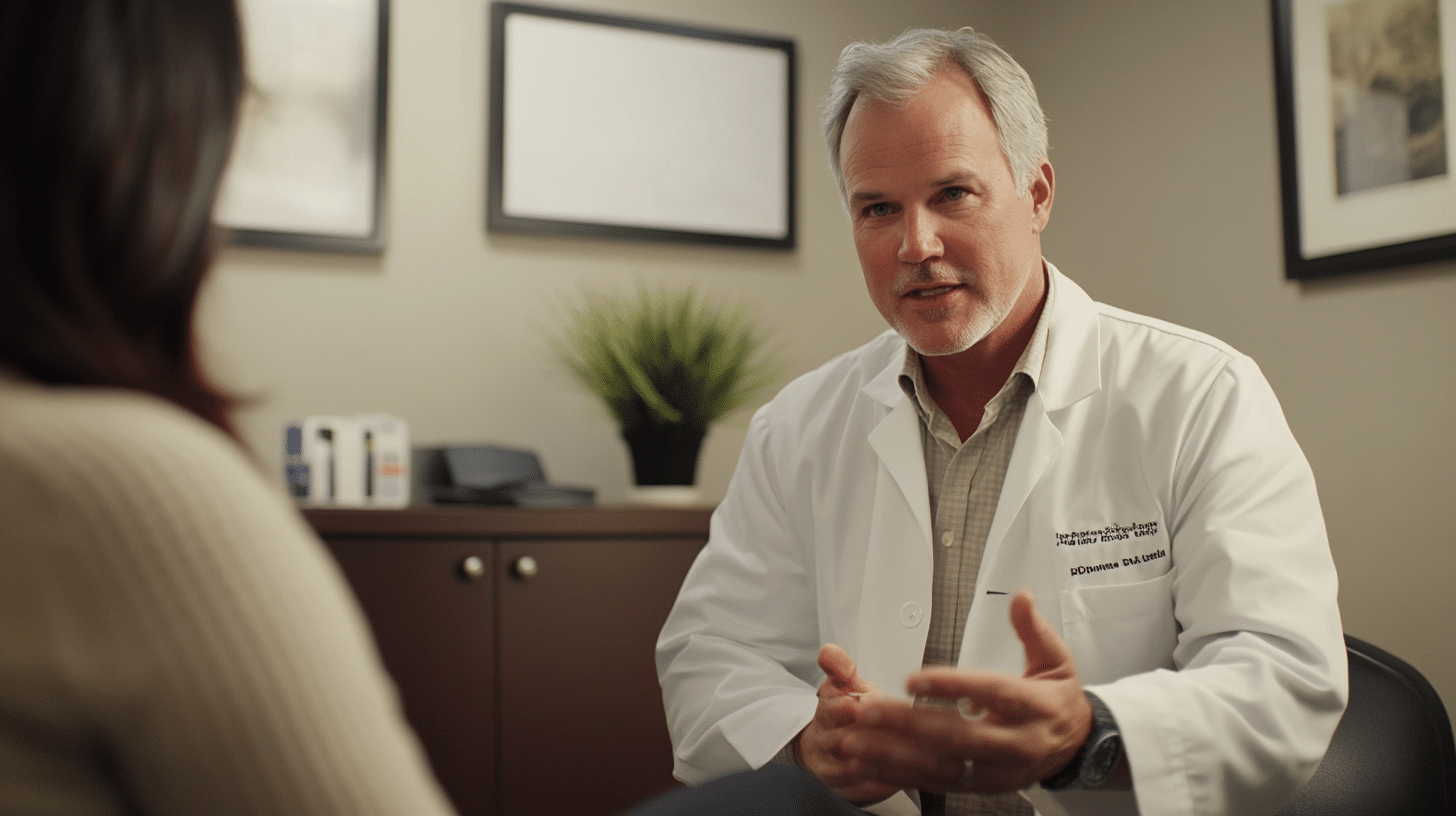 A welcoming and professional clinic setting. Show a friendly consultant wearing a white coat interacting with a client in a comfortable, well-designed consultation room. The doctor is talking to the patient.