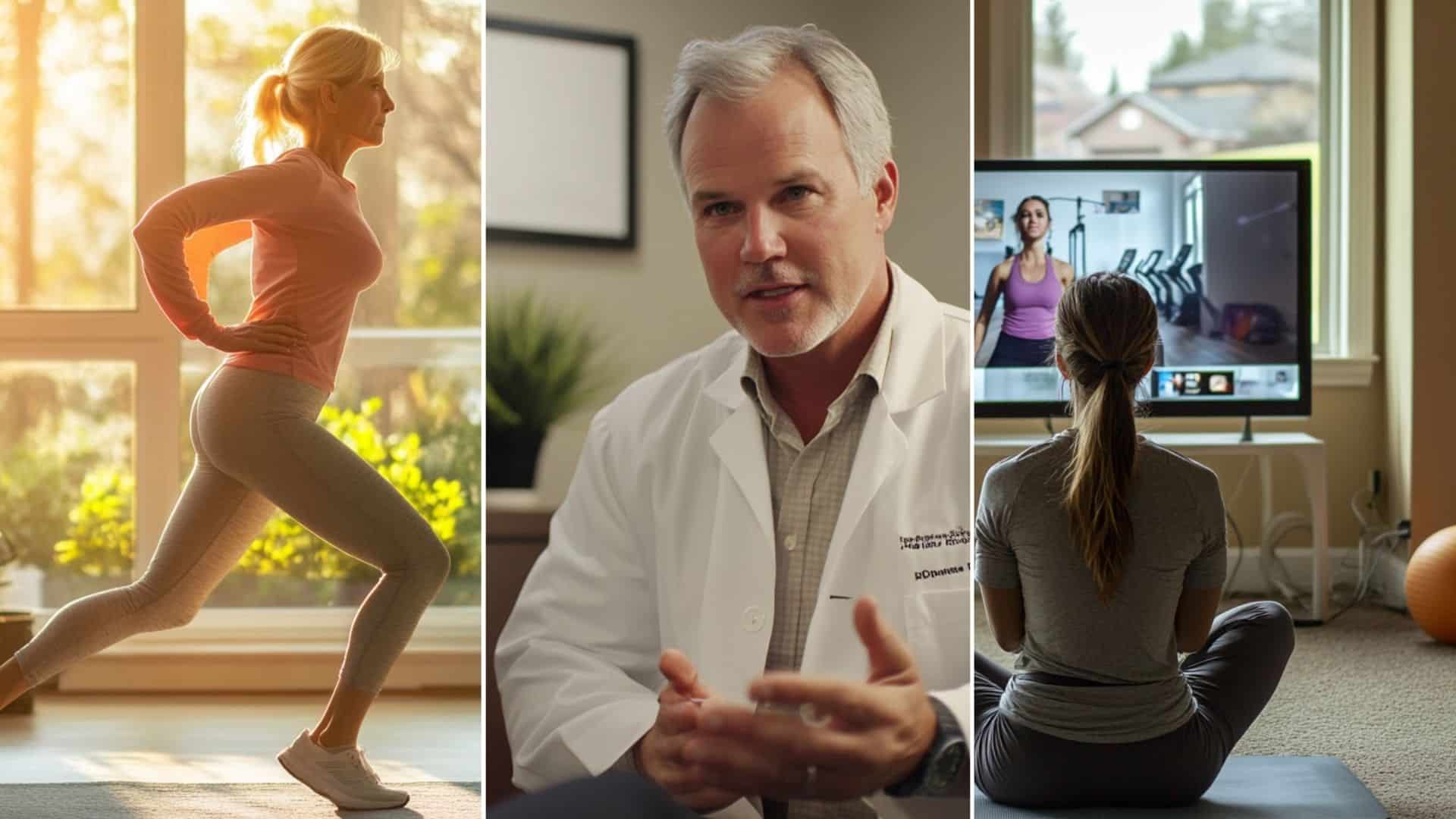 A 40- to 50-year-old woman is practicing yoga on the carpeted living room floor while watching an online class on her smart TV. The TV screen displays a live video of a female instructor teaching in a gym. Next to the TV, a white metal stand holds the TV, and various fitness equipment, including a mat and a ball, is scattered around the room. A welcoming and professional clinic setting. Show a friendly consultant wearing a white coat interacting with a client in a comfortable, well-designed consultation room. The doctor is talking to the patient. A 40- to 50-year-old woman is practicing yoga on the carpeted living room floor while watching an online class on her smart TV. The TV screen displays a live video of a female instructor teaching in a gym. Next to the TV, a white metal stand holds the TV, and various fitness equipment, including a mat and a ball, is scattered around the room.