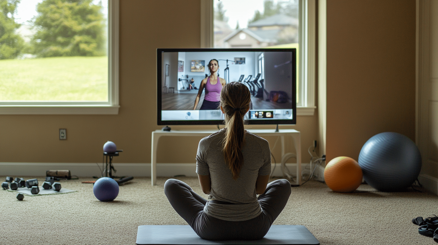 A 40- to 50-year-old woman is practicing yoga on the carpeted living room floor while watching an online class on her smart TV. The TV screen displays a live video of a female instructor teaching in a gym. Next to the TV, a white metal stand holds the TV, and various fitness equipment, including a mat and a ball, is scattered around the room.