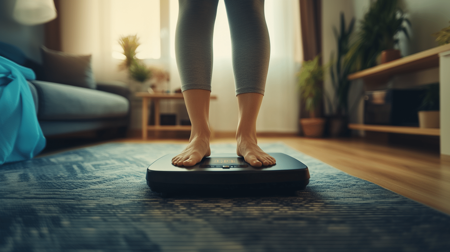 A woman standing on a digital weighing scale.