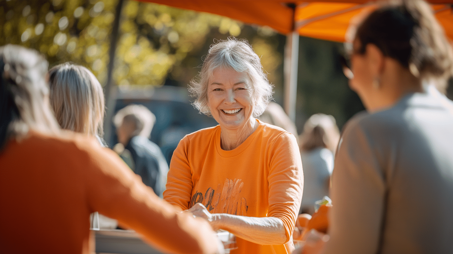 A woman happily helping in her community event.