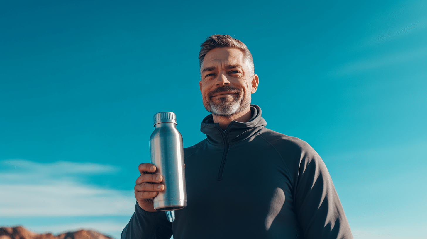 A middle-aged man holding a silver tumbler after hiking.