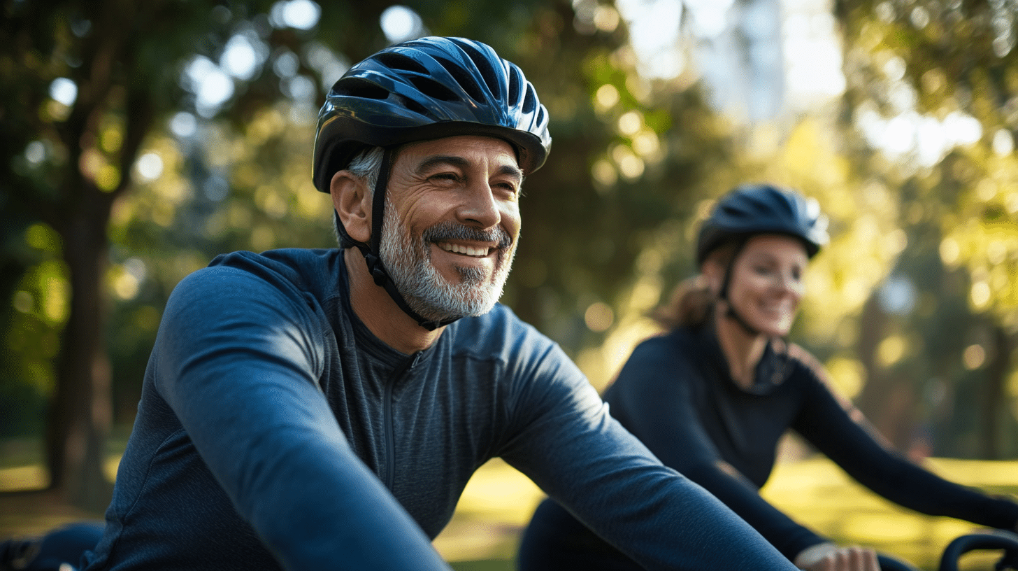 A man and a woman biking together in a park.