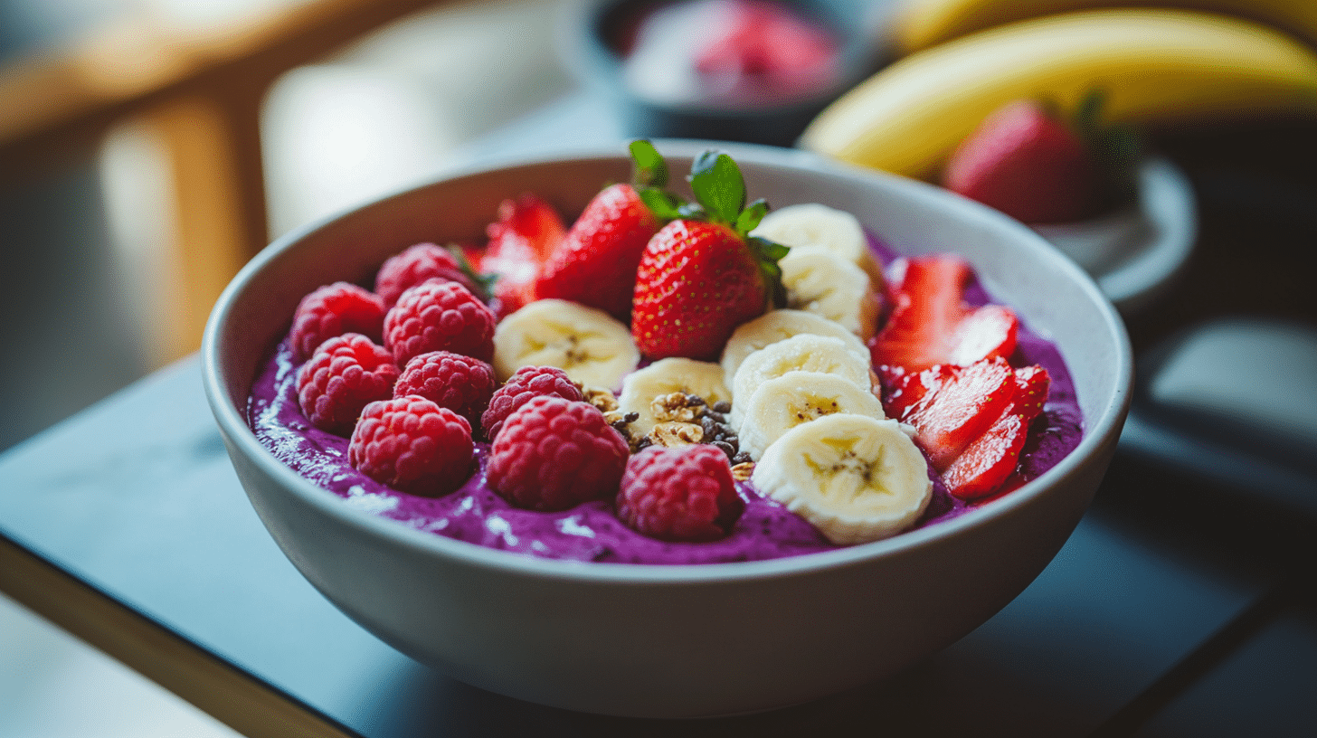 A bowl of healthy acai bowl.