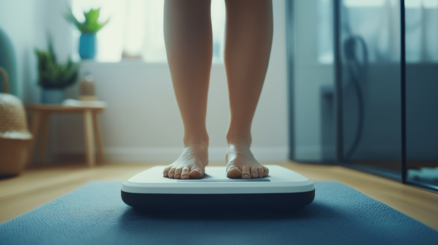 a woman standing on the weighing scale.