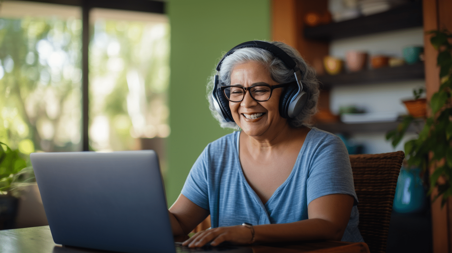 A Hispanic woman having a telehealth consultation.