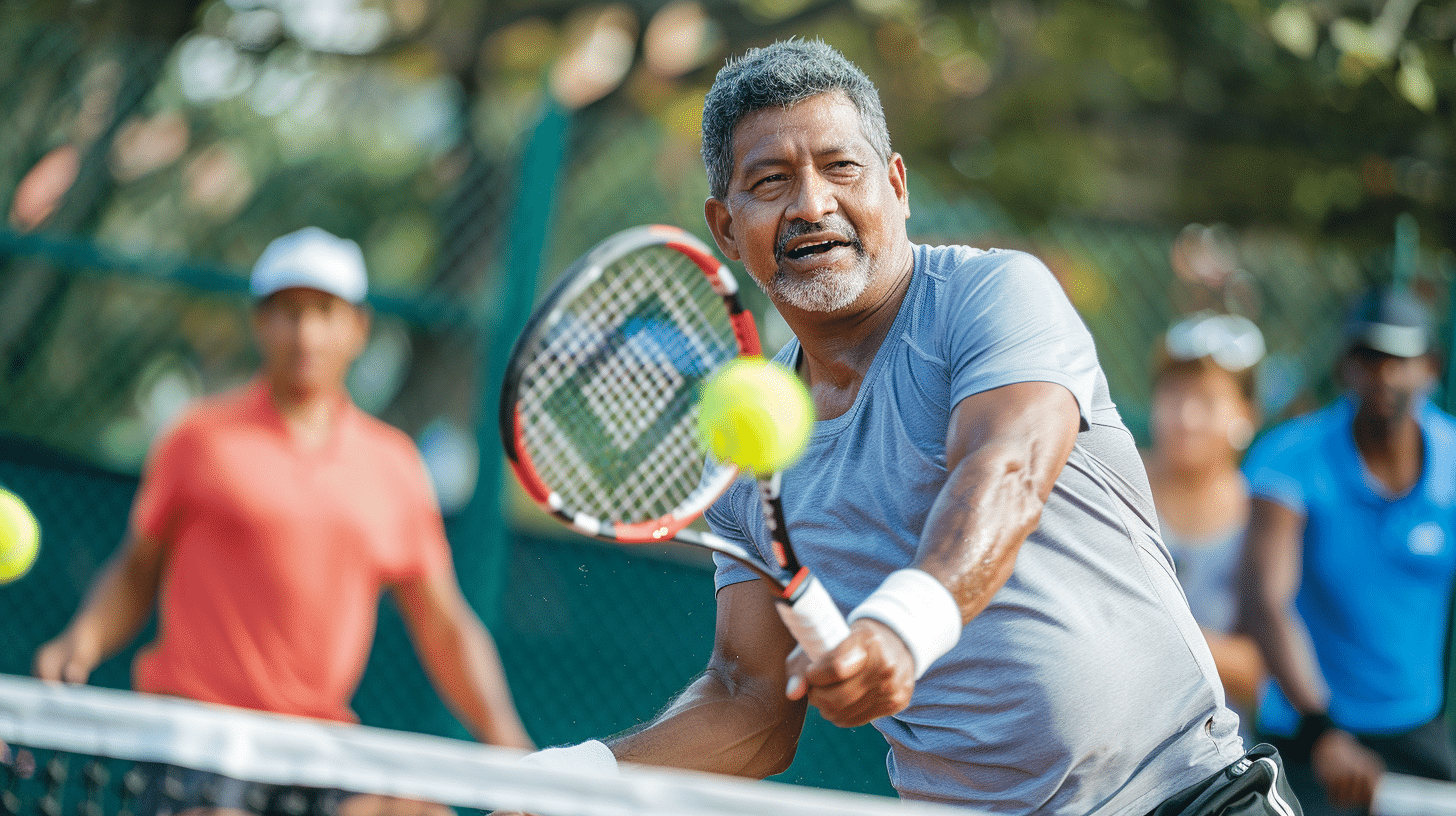 A man playing tennis with his friends.