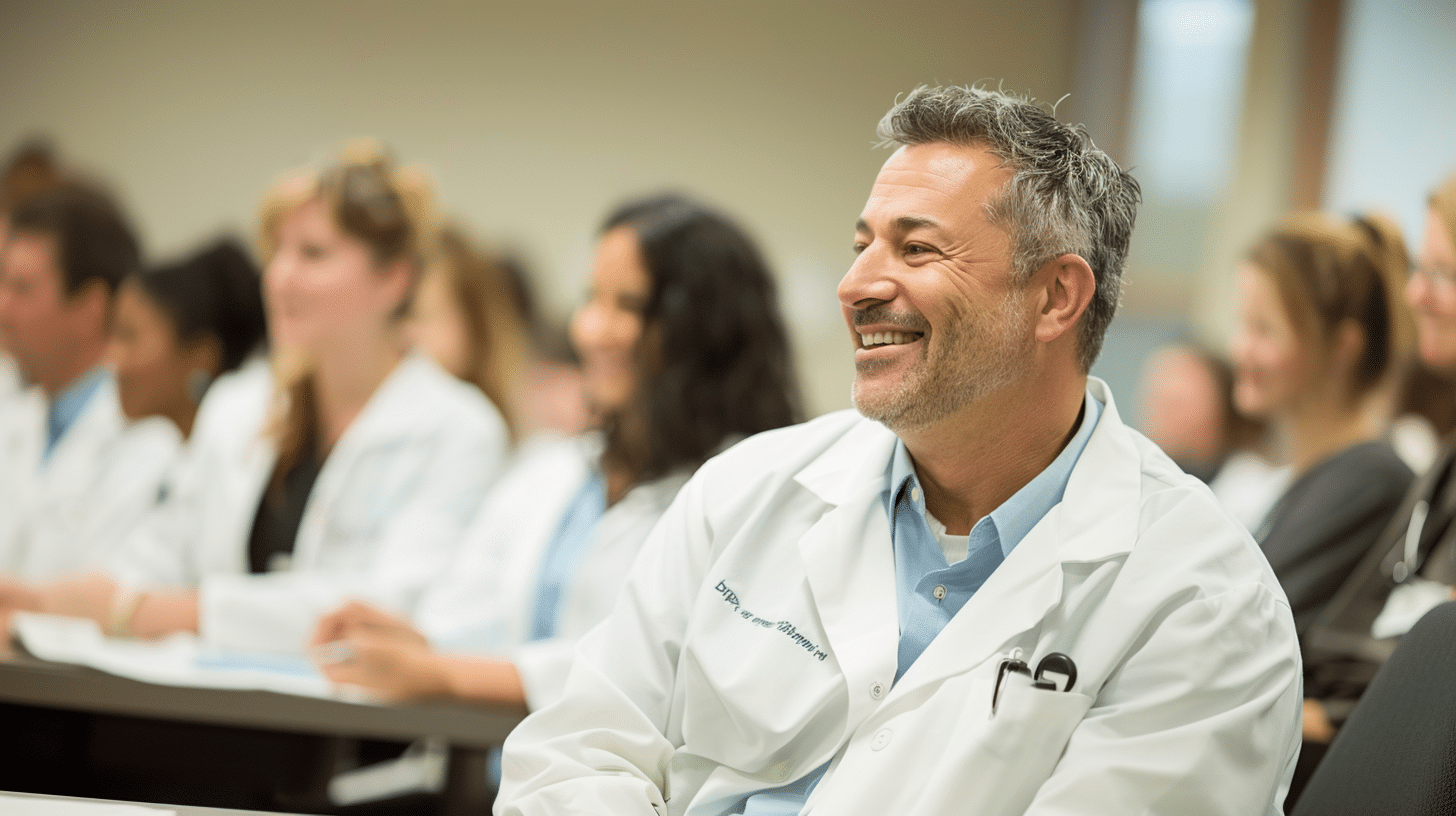 A weight loss doctor attending a seminar.