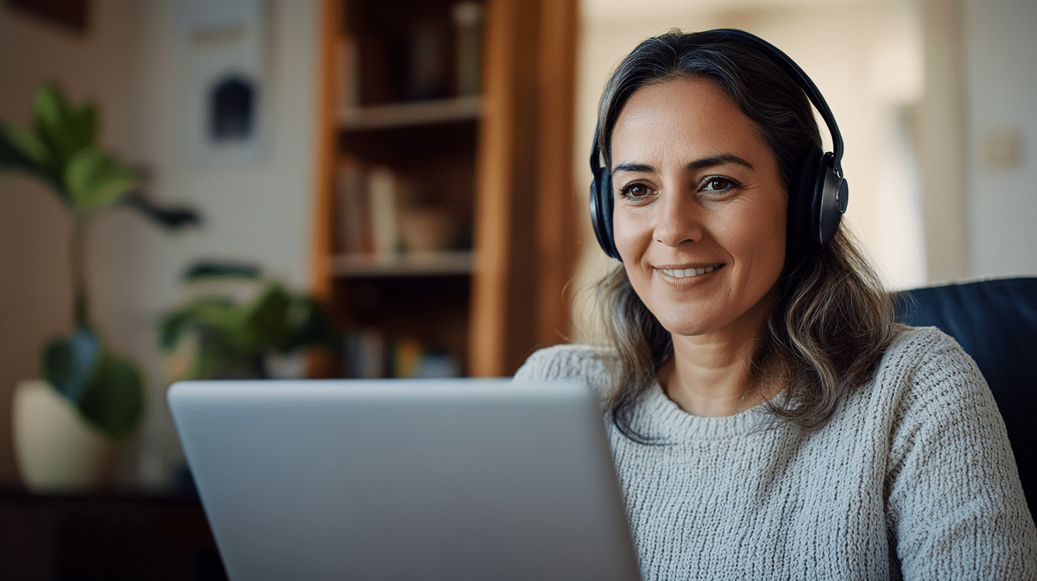 A hispanic woman attending a webinar.