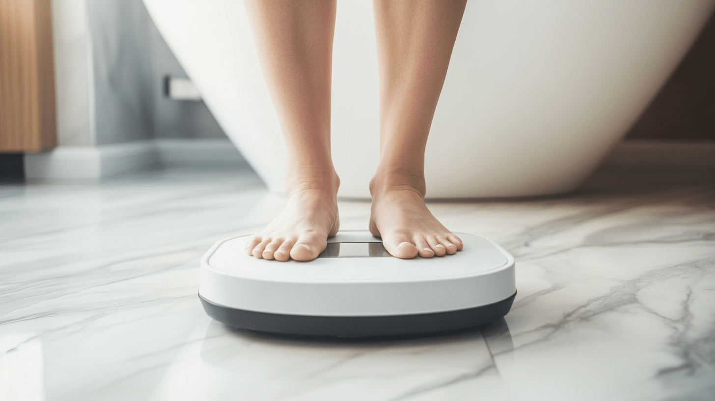 A woman standing in a white weighing scale.