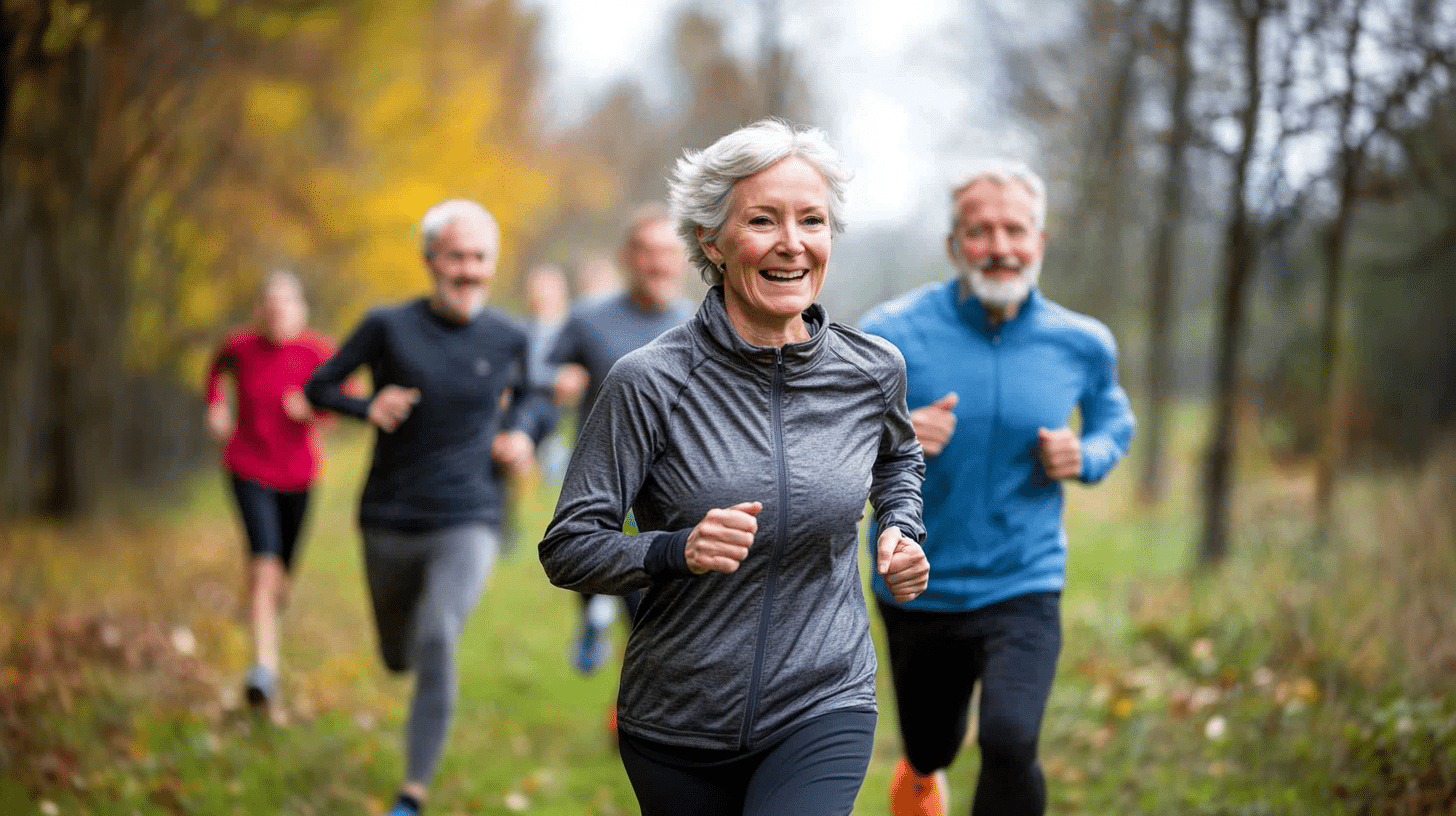 A group of people jogging in the park.